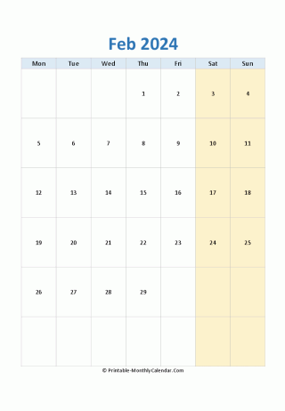 blank calendar february 2024 vertical