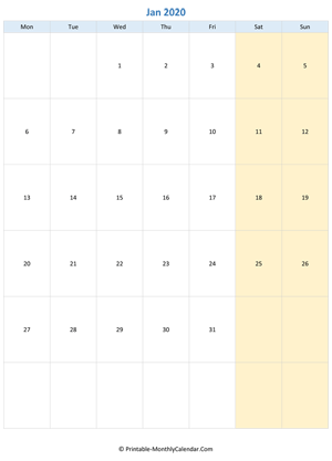 blank calendar january 2020 vertical