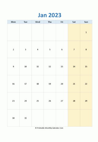 blank calendar january 2023 vertical