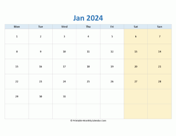 blank calendar january 2024 horizontal