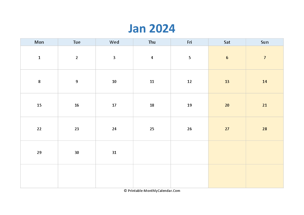 blank calendar january-2024 horizontal layout