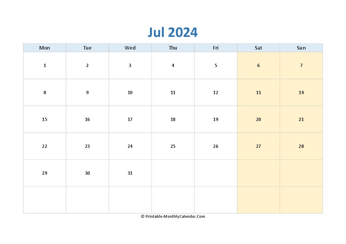 blank calendar july-2024 horizontal layout