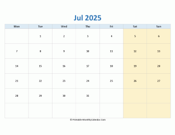 blank calendar july 2025 horizontal