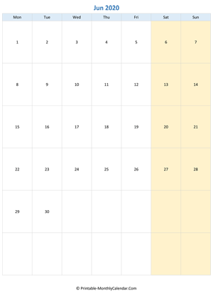 blank calendar june 2020 (vertical layout)
