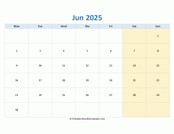 blank calendar june 2025 horizontal