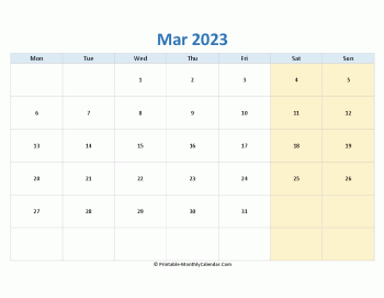 blank calendar march 2023 (horizontal layout)