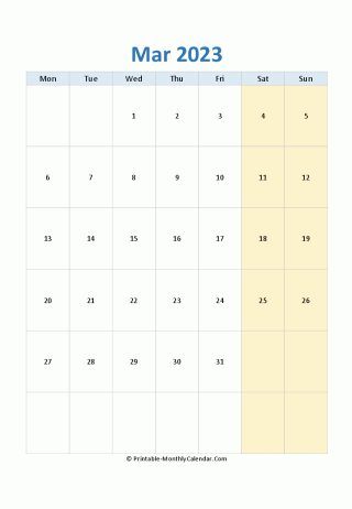 blank calendar march 2023 (vertical layout)