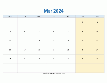 blank calendar march 2024 horizontal