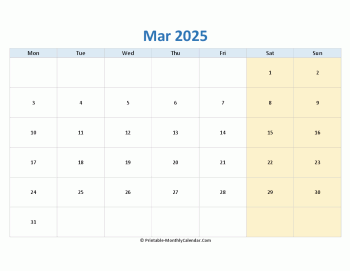 blank calendar march 2025 horizontal