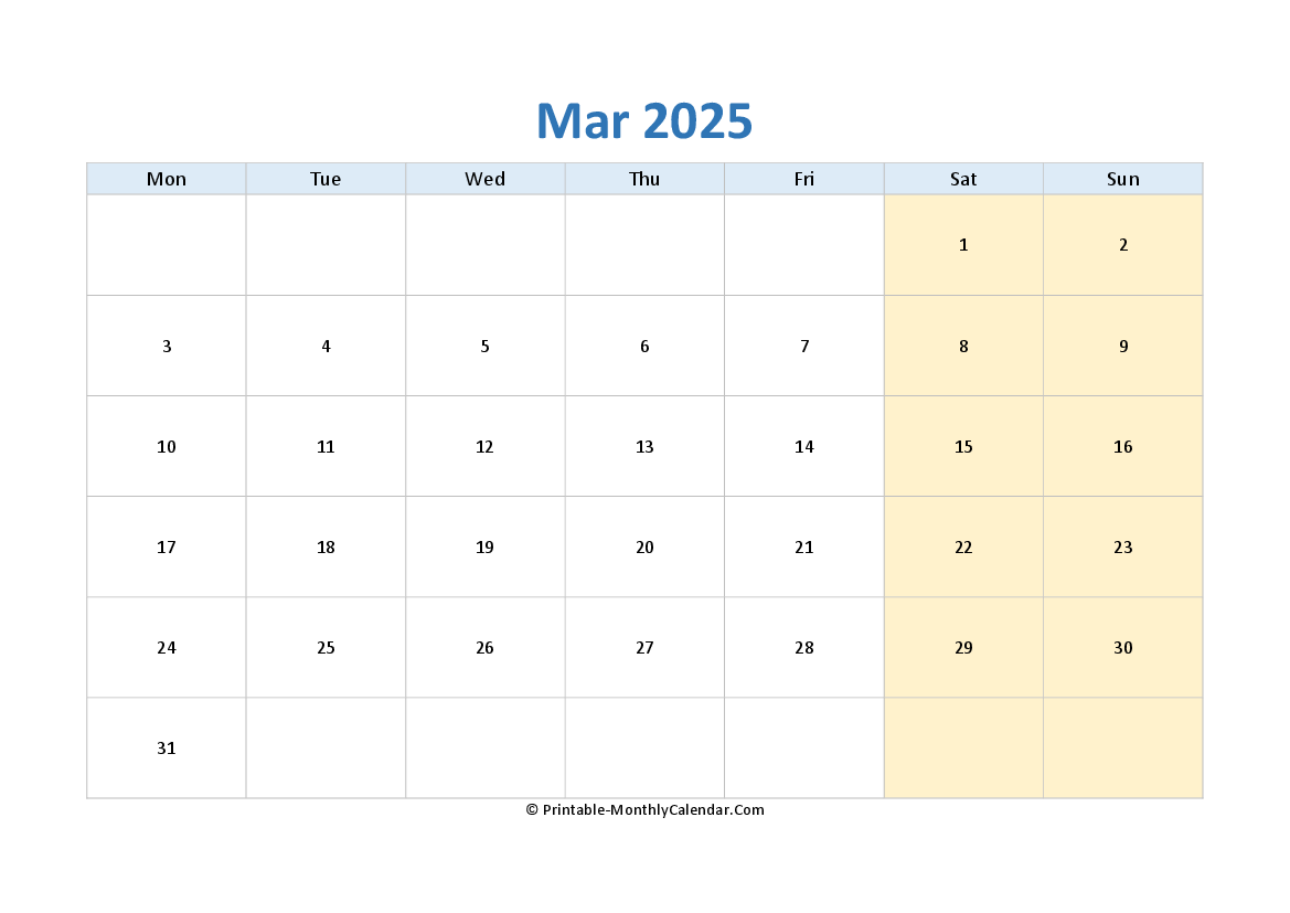 blank calendar march-2025 horizontal layout