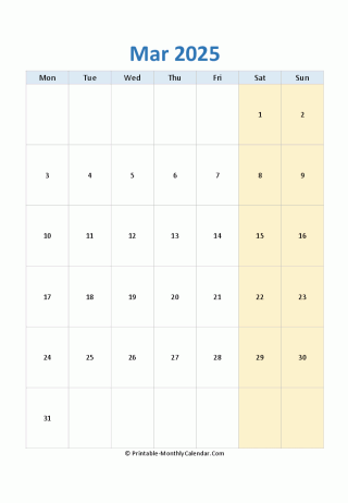 blank calendar march 2025 (vertical layout)