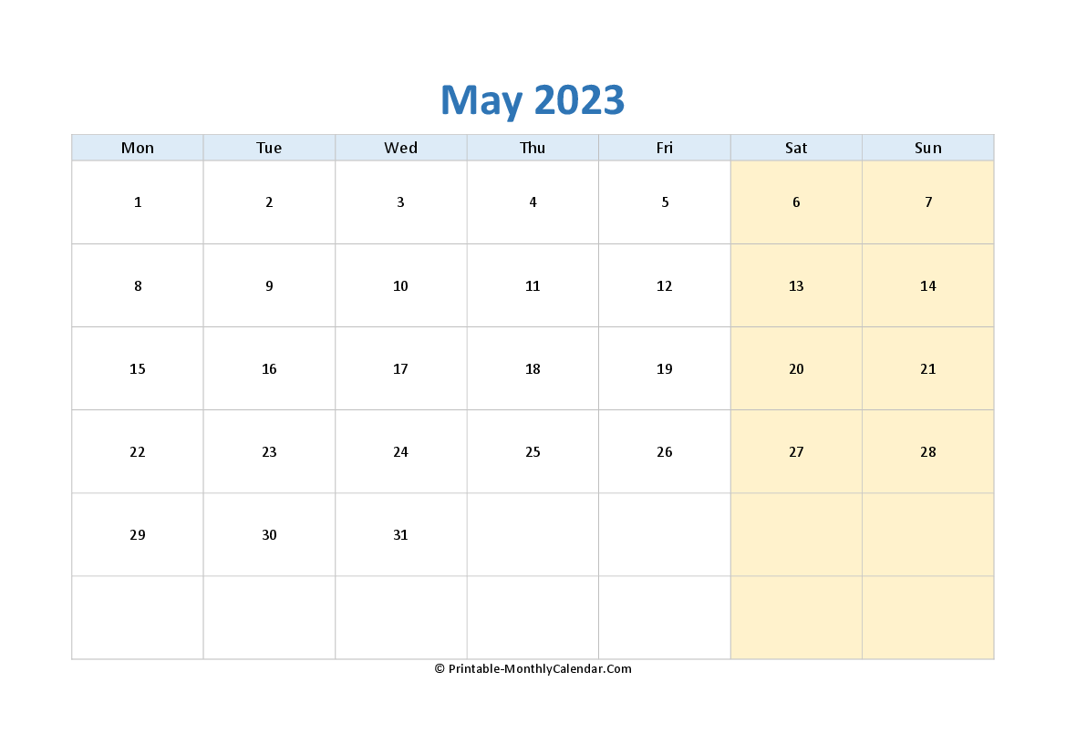 blank calendar may-2023 horizontal layout