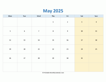 blank calendar may 2025 horizontal