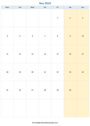 blank calendar november 2019 (vertical layout)