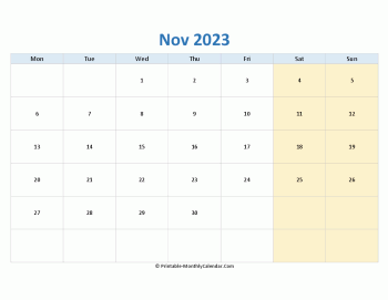blank calendar november 2023 horizontal