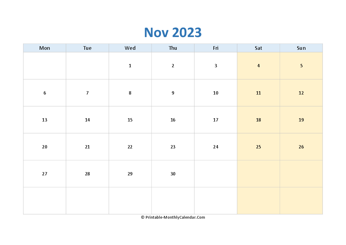 blank calendar november-2023 horizontal layout