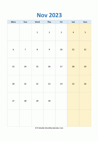 blank calendar november 2023 (vertical layout)
