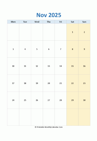 blank calendar november 2025 vertical