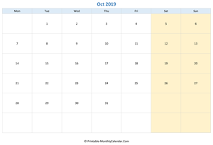 blank calendar october 2019 (horizontal layout)