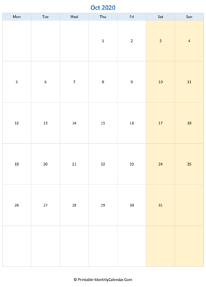 blank calendar october 2020 (vertical layout)