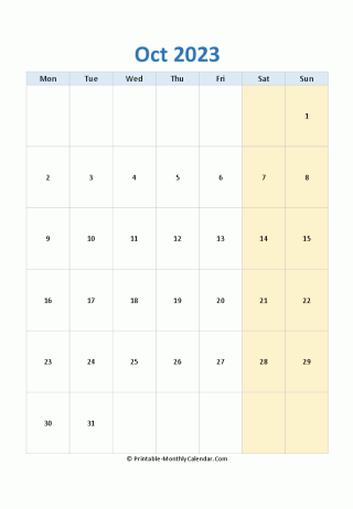 blank calendar october 2023 (vertical layout)