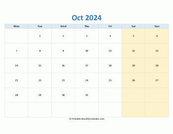 blank calendar october 2024 horizontal
