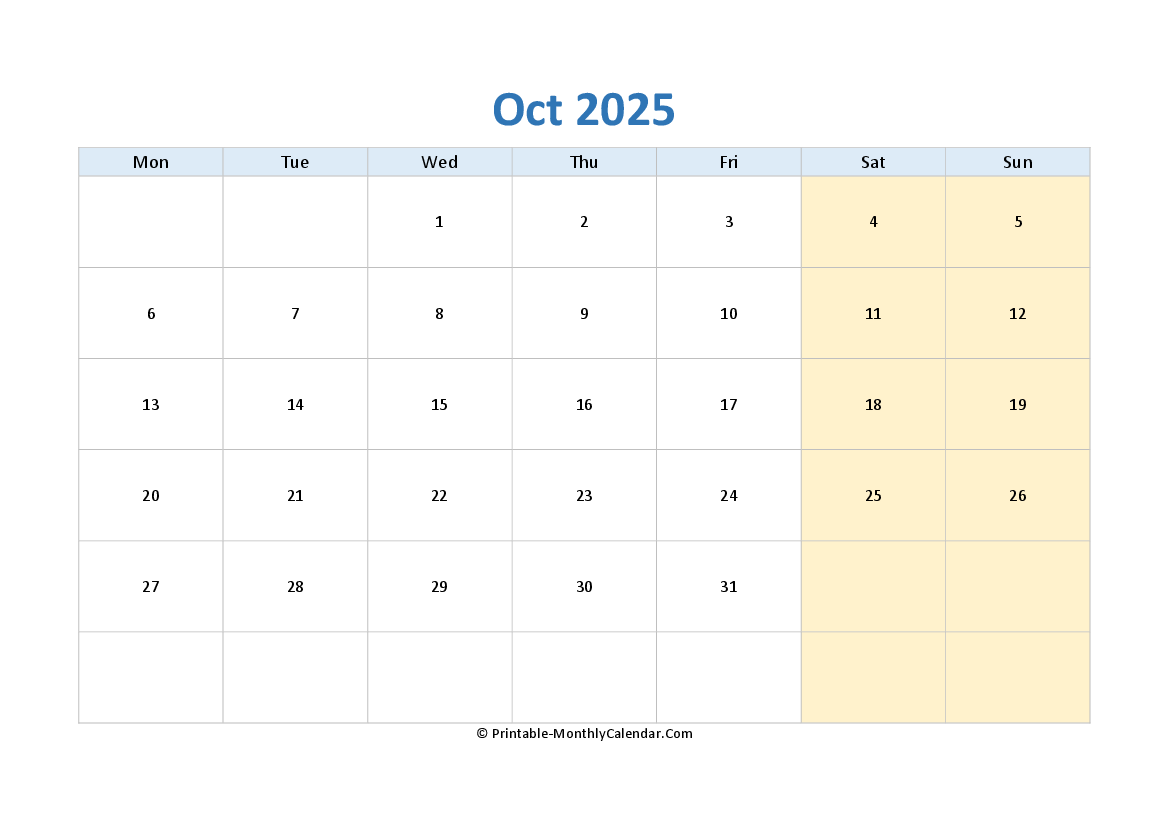 blank calendar october-2025 horizontal layout