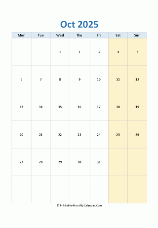blank calendar october 2025 (vertical layout)