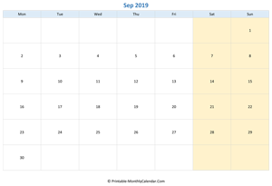 blank calendar september 2019 (horizontal layout)