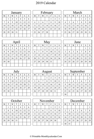 blank yearly calendar 2019 vertical