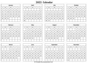 blank yearly calendar 2023 horizontal