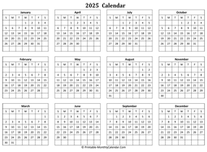 blank yearly calendar 2025 horizontal
