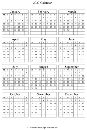 blank 2027 calendar (vertical)