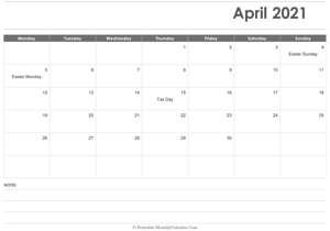 calendar april 2021 printable with holidays (landscape layout)