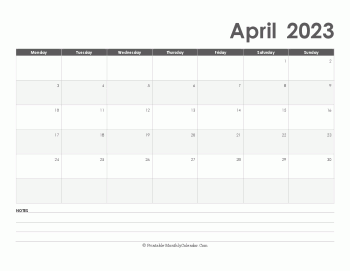 calendar april 2023 printable with holidays landscape layout