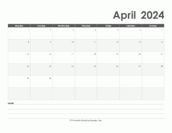 calendar april 2024 printable holidays landscape