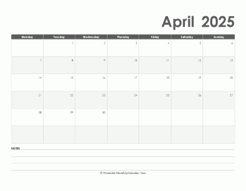 calendar april 2025 printable holidays landscape