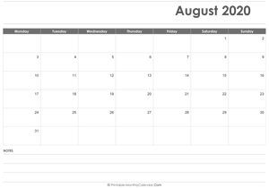 calendar august 2020 holidays