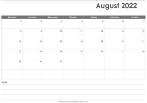 calendar august 2022 printable with holidays (landscape layout)