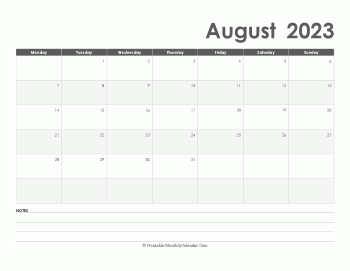 calendar august 2023 printable holidays landscape