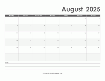 calendar august 2025 printable holidays landscape