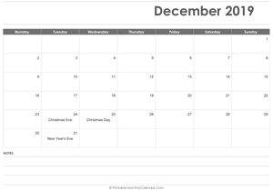 calendar december 2019 printable with holidays (landscape layout)