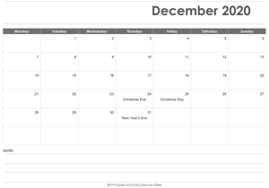 calendar december 2020 printable with holidays landscape layout