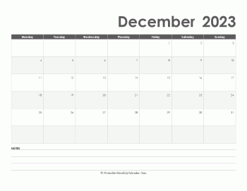 calendar december 2023 printable holidays landscape