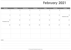 calendar february 2021 printable with holidays landscape layout