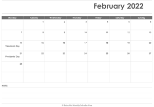 calendar february 2022 printable holidays landscape