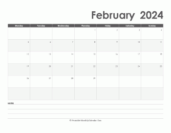 calendar february 2024 printable with holidays (landscape layout)