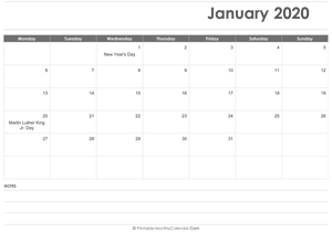 calendar january 2020 printable with holidays (landscape layout)