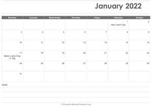 calendar january 2022 printable holidays landscape