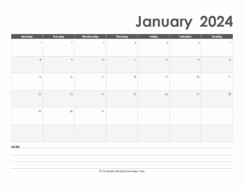 calendar january 2024 printable with holidays (landscape layout)